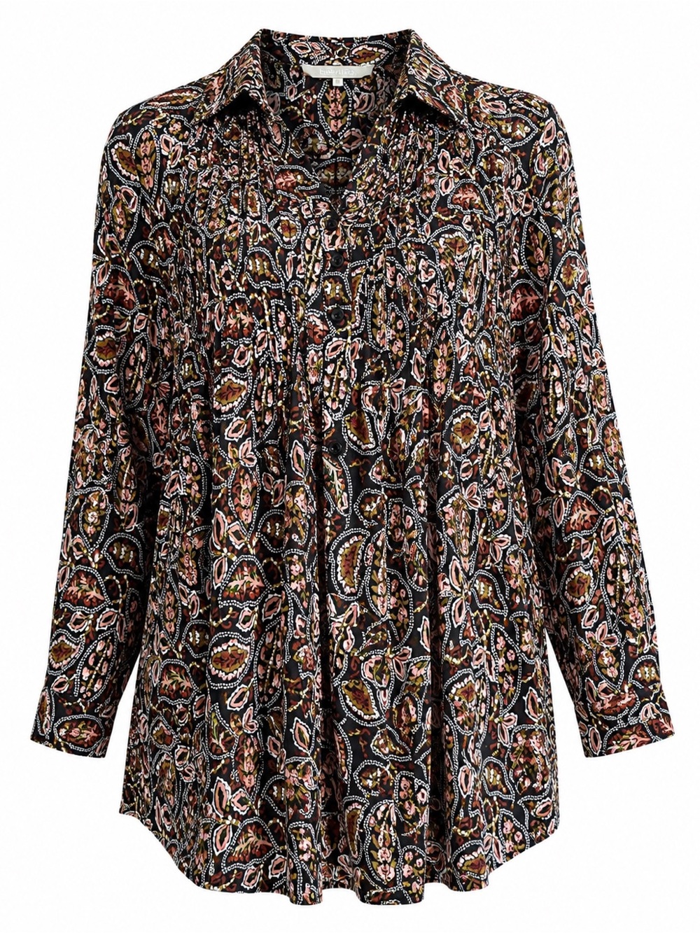 Sunny Leigh Boho Paisley Pleated Tunic Blouse Plus Sz 1X Black Pink Long Sleeve